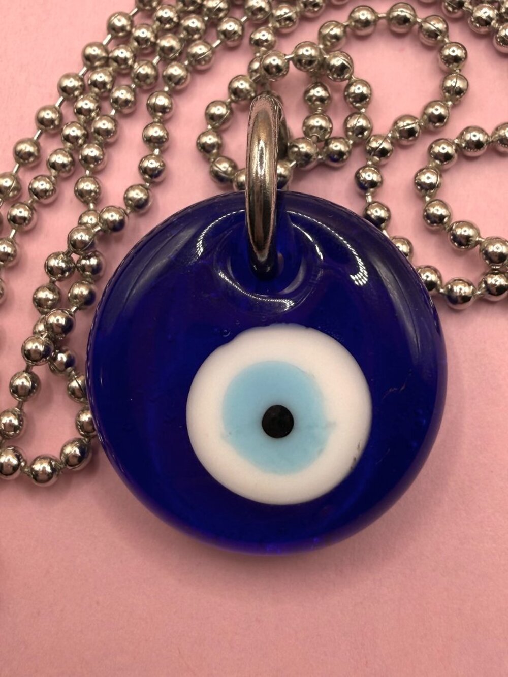 Blue Art Glass Evil Eye Protection Symbol Charm Necklace Long Steel Chain Silver